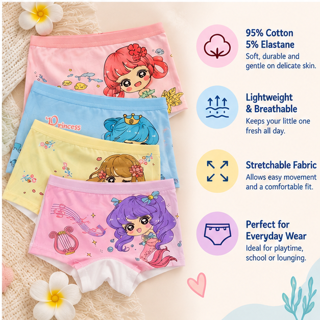 Girls Princess Cartoon Printed Boxer Underwear | Pack of 4 | Kids Innerwear