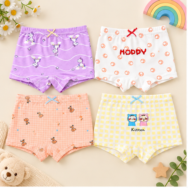 Girls Colourful Cartoon Printed Boxer Underwear | Pack of 4 | Kids Innerwear