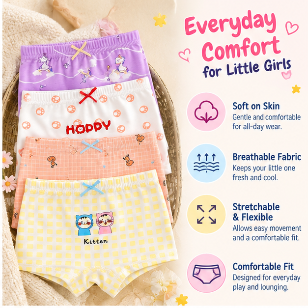 Girls Colourful Cartoon Printed Boxer Underwear | Pack of 4 | Kids Innerwear