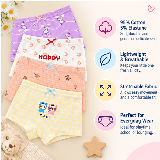 Girls Colourful Cartoon Printed Boxer Underwear | Pack of 4 | Kids Innerwear