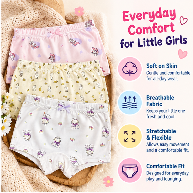 Girls Cute Bunny Printed Boxer Underwear | Pack of 3 | Kids Innerwear