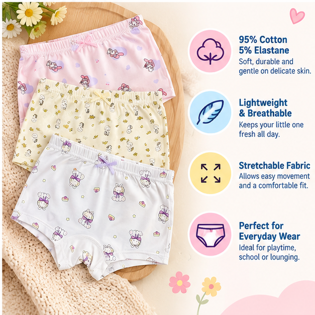 Girls Cute Bunny Printed Boxer Underwear | Pack of 3 | Kids Innerwear