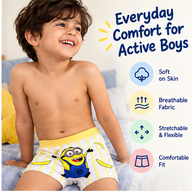 Boys Yellow Cartoon Printed Boxer Underwear | Pack of 4 | Kids Innerwear
