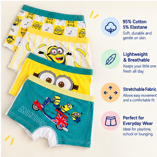 Boys Yellow Cartoon Printed Boxer Underwear | Pack of 4 | Kids Innerwear