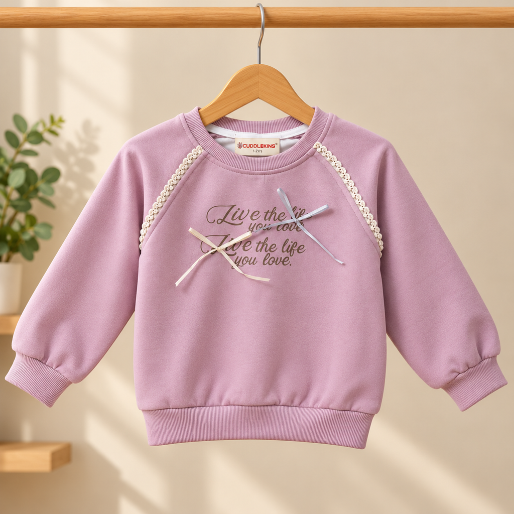 CuddleKins Girls Dusty Pink Sweatshirt with Ribbon Bow Detailing and Printed Text