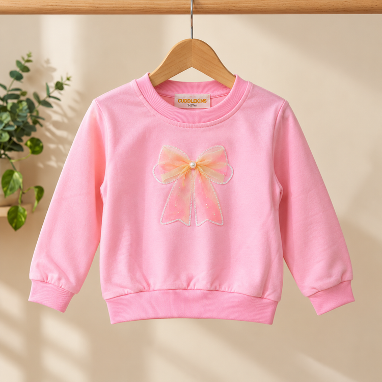 CuddleKins Girls Pink Bow Embellished Sweatshirt with Pearl Detailing