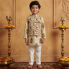 CuddleKins Boys Beige Floral Printed Kurta Set with Embroidered Jacket and White Pants
