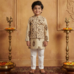 CuddleKins Boys Beige Floral Printed Kurta Set with Embroidered Jacket and White Pants