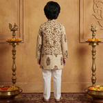 CuddleKins Boys Beige Floral Printed Kurta Set with Embroidered Jacket and White Pants