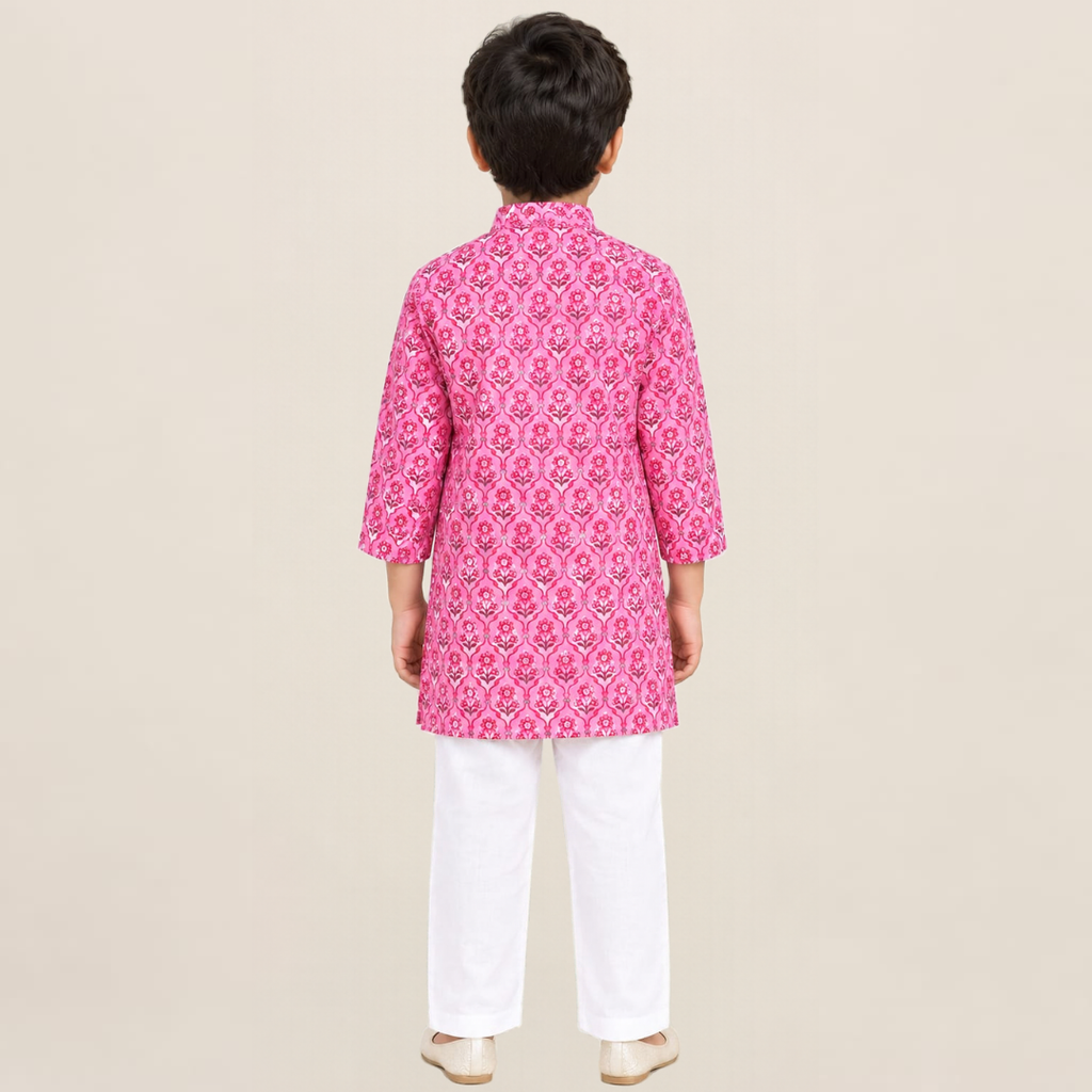 CuddleKins Boys Pink Floral Printed Ethnic Kurta with White Pants