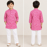 CuddleKins Boys Pink Floral Printed Ethnic Kurta with White Pants