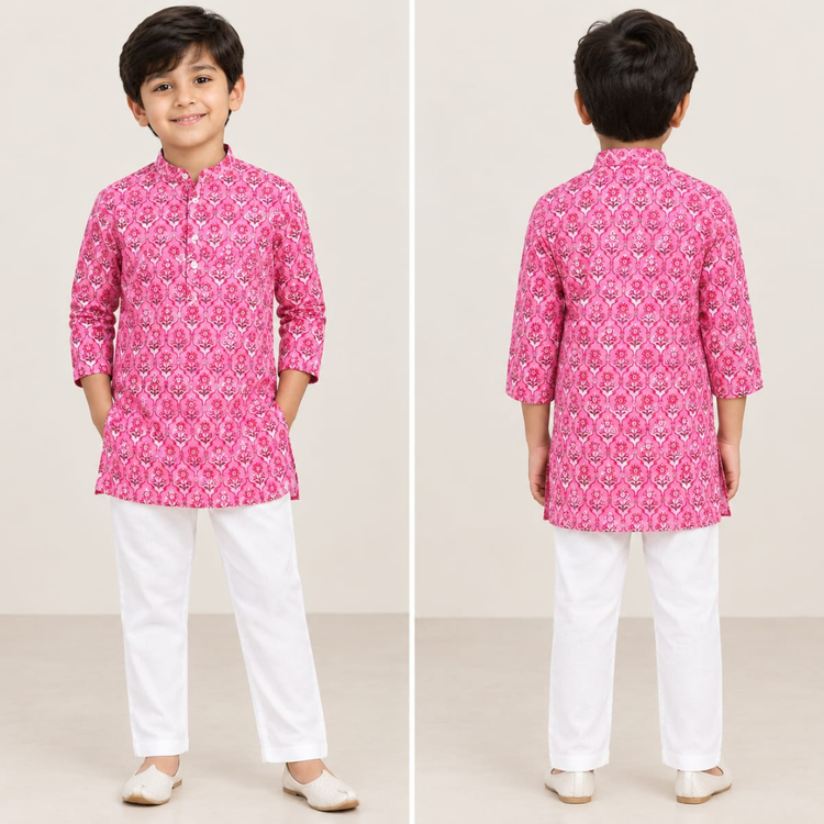 CuddleKins Boys Pink Floral Printed Ethnic Kurta with White Pants