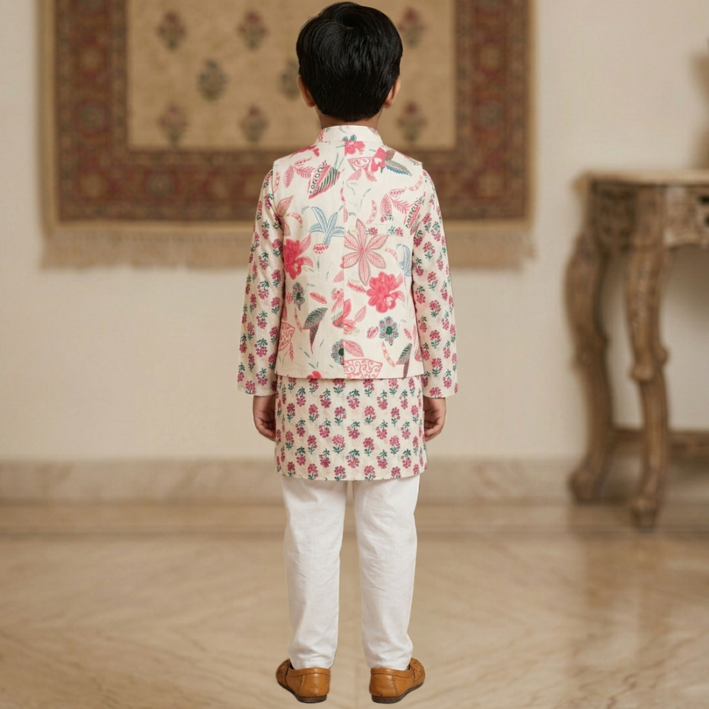 CuddleKins Boys Cream Floral Printed Kurta Set with Multicolor Jacket and White Pants