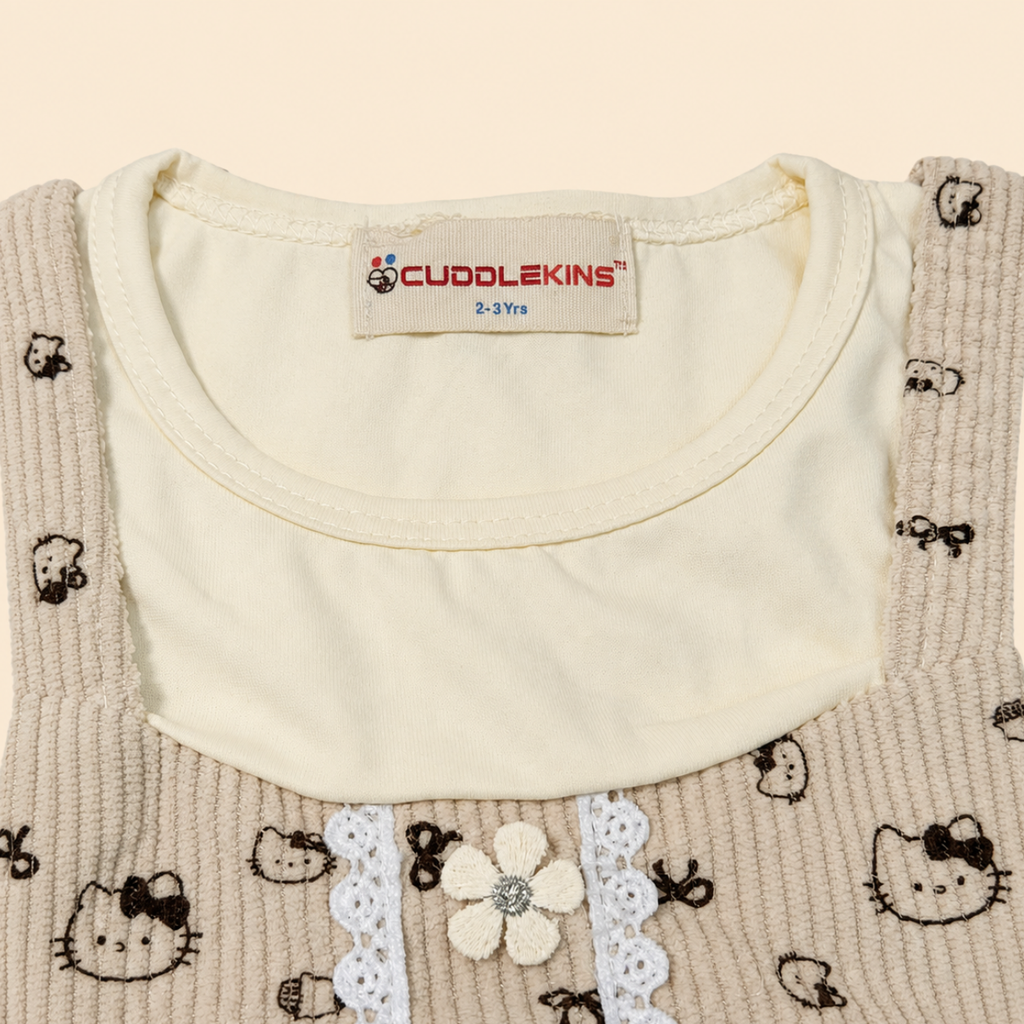 Girls cotton printed puff sleeves dress - cream beige