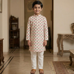CuddleKins Boys Cream Floral Printed Kurta Set with Multicolor Jacket and White Pants