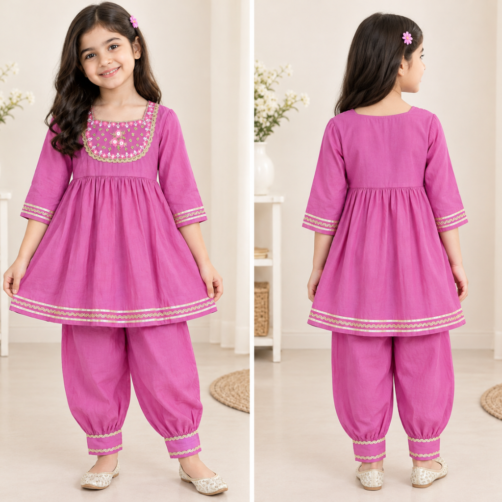 CuddleKins Girls Pink Embroidered Kurta Set with Matching Dhoti Pants