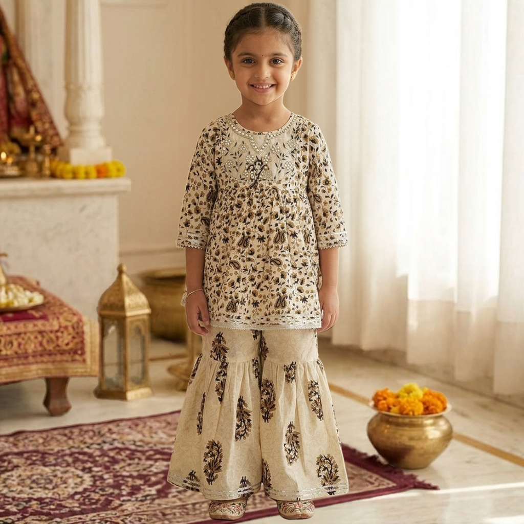 CuddleKins Girls Beige Printed Kurta Set with Matching Sharara Pants
