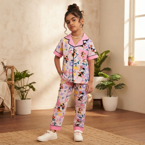 Girls Minnie Floral Night Suit Set – Pink