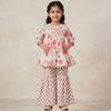 CuddleKins Girls Cream Floral Printed Peplum Kurta Set with Palazzo Pants