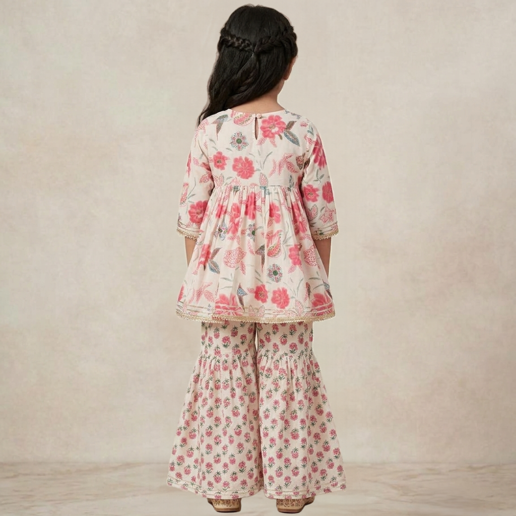 CuddleKins Girls Cream Floral Printed Peplum Kurta Set with Palazzo Pants