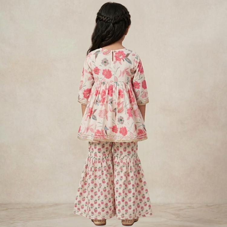 CuddleKins Girls Cream Floral Printed Peplum Kurta Set with Palazzo Pants