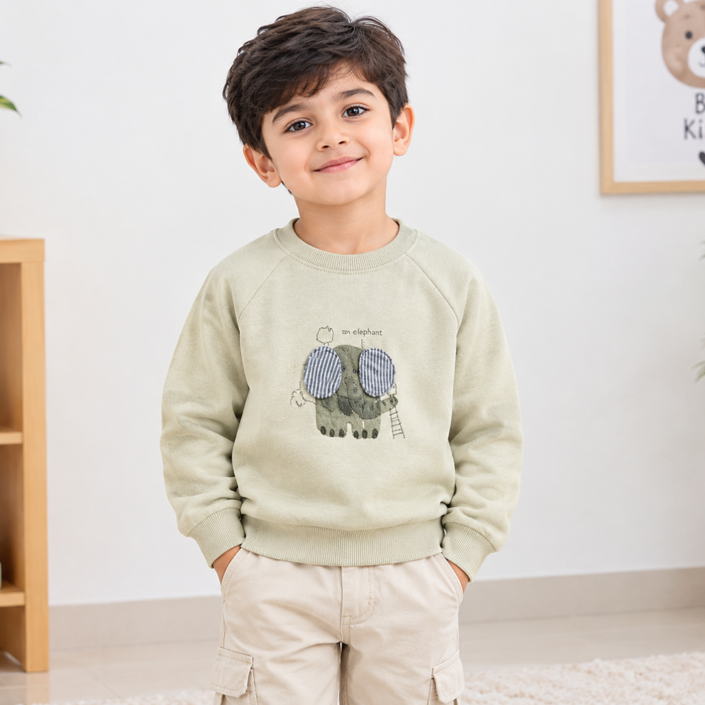 CuddleKins Boys Sage Green Elephant Graphic Sweatshirt