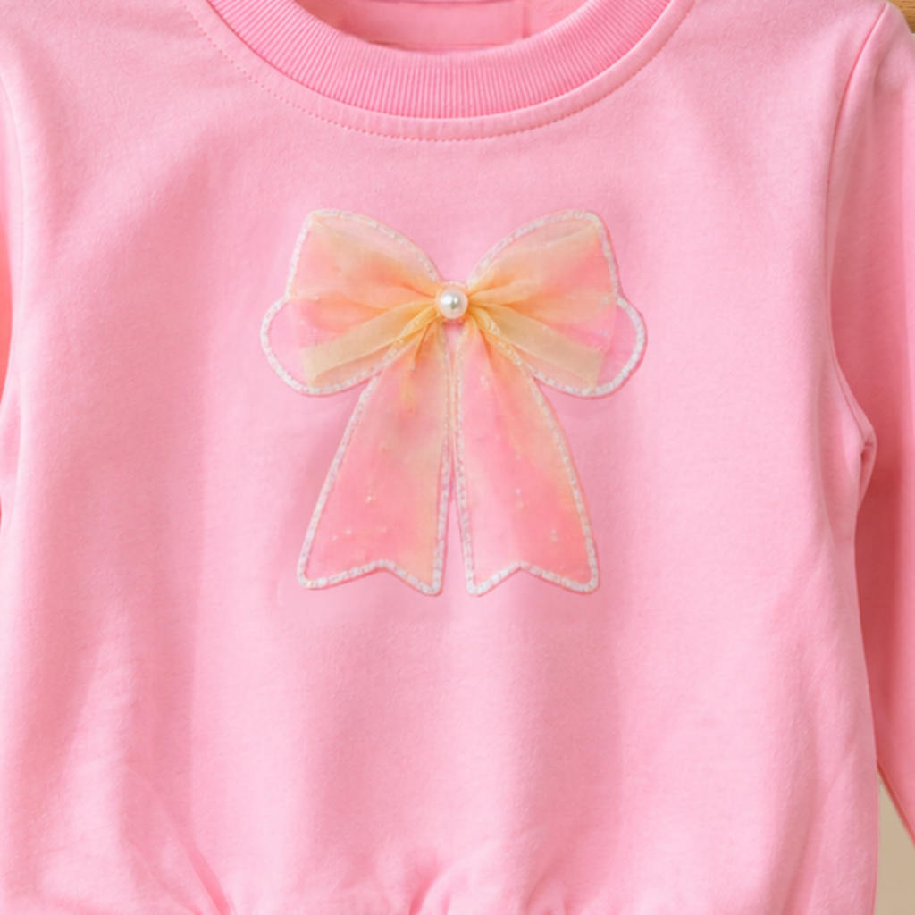 CuddleKins Girls Pink Bow Embellished Sweatshirt with Pearl Detailing