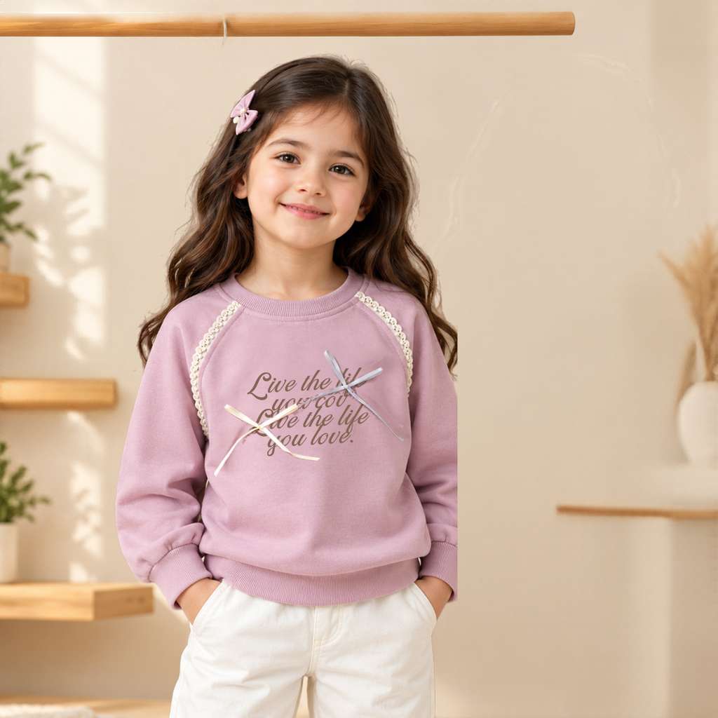 CuddleKins Girls Dusty Pink Sweatshirt with Ribbon Bow Detailing and Printed Text