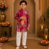 Boys Festive Leaf Print Kurta & White Pyjama Set