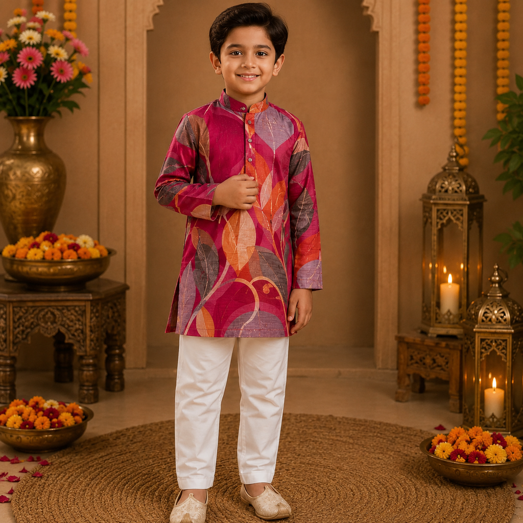 Boys Festive Leaf Print Kurta & White Pyjama Set