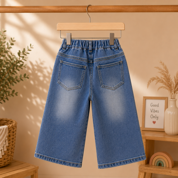 Kids Light Blue Wide-Leg Denim Jeans with Cherry Embroidery & Elastic Waist
