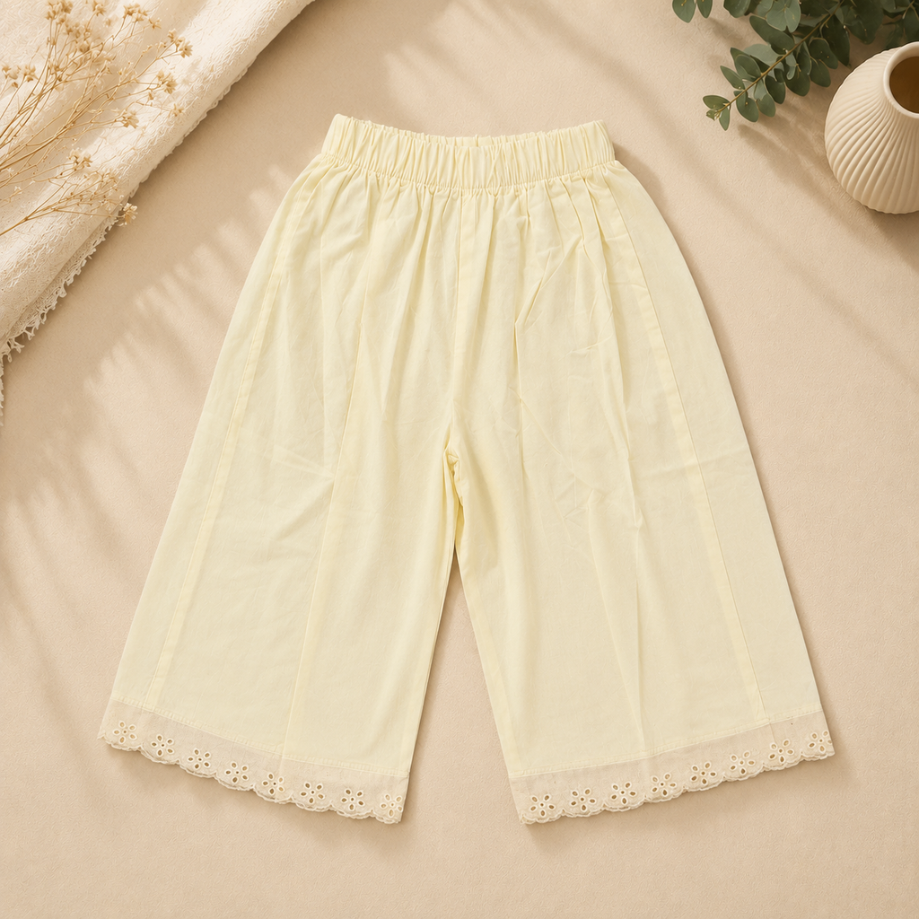Girls Lemon Yellow Embroidered Collar Top & Wide-Leg Pants Co-ord Set