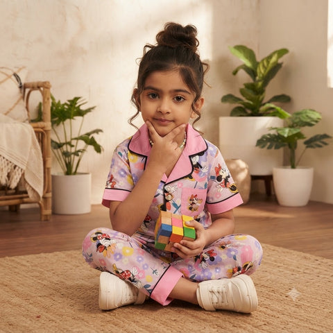 Girls Minnie Floral Night Suit Set – Pink
