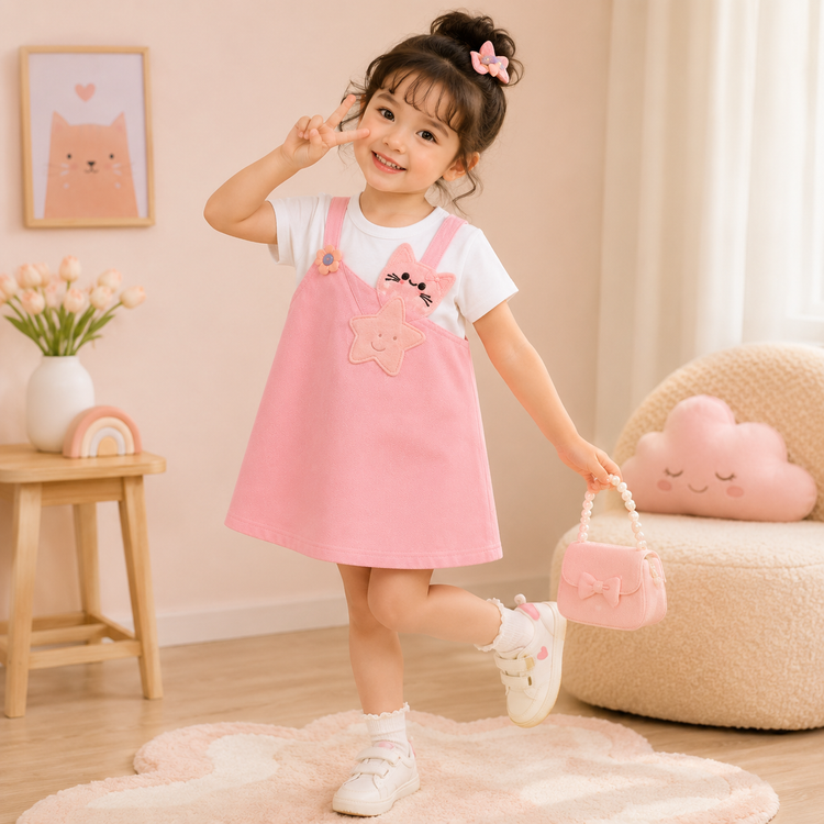 Girls Kitty Layered Dress – Pink