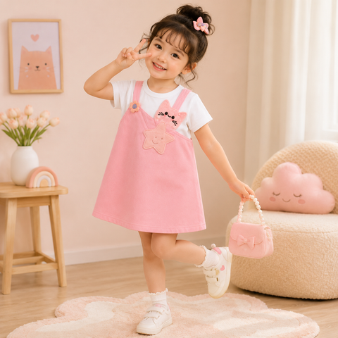 Girls Kitty Layered Dress – Pink