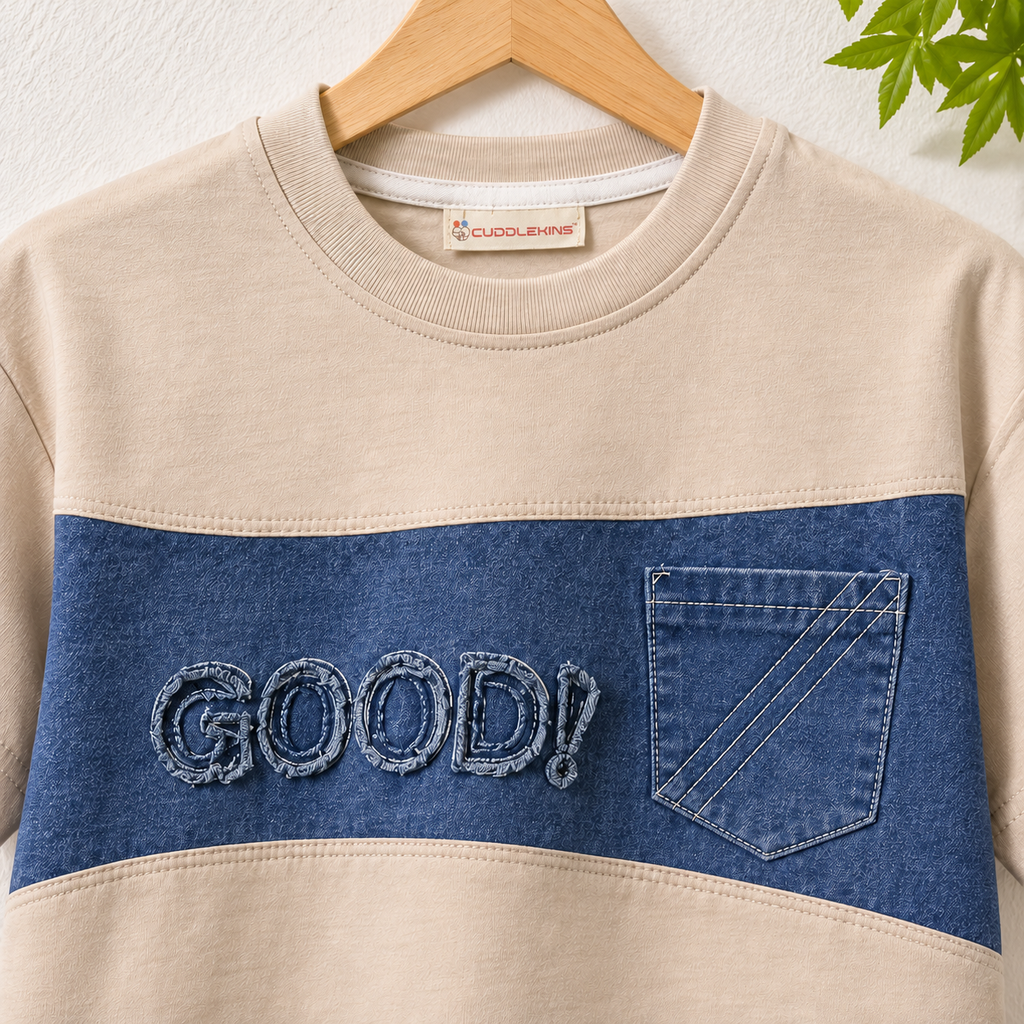 Cotton Denim Look Panel T-Shirt with Pocket Detail | Half Sleeve Casual Tee