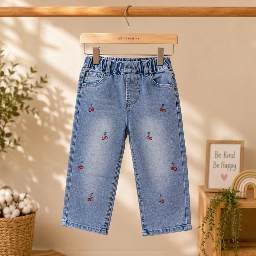 Kids Light Blue Wide-Leg Denim Jeans with Cherry Embroidery & Elastic Waist