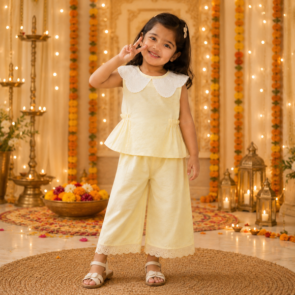 Girls Embroidered Co-ord Set – Yellow