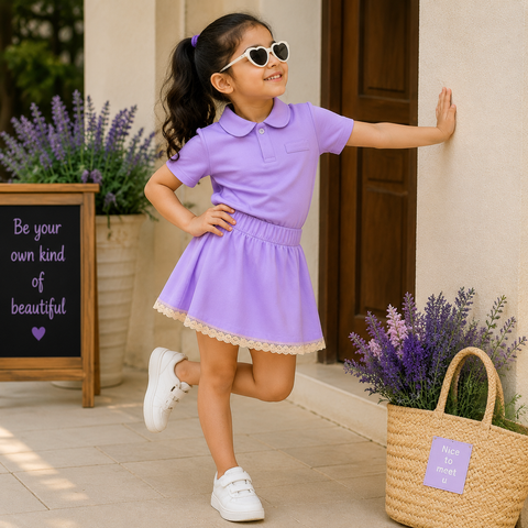 Girls Polo & Skirt Co-ord Set – Lavender