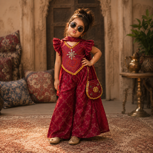 Girls Maroon Bandhani Print Sharara Set with Dupatta