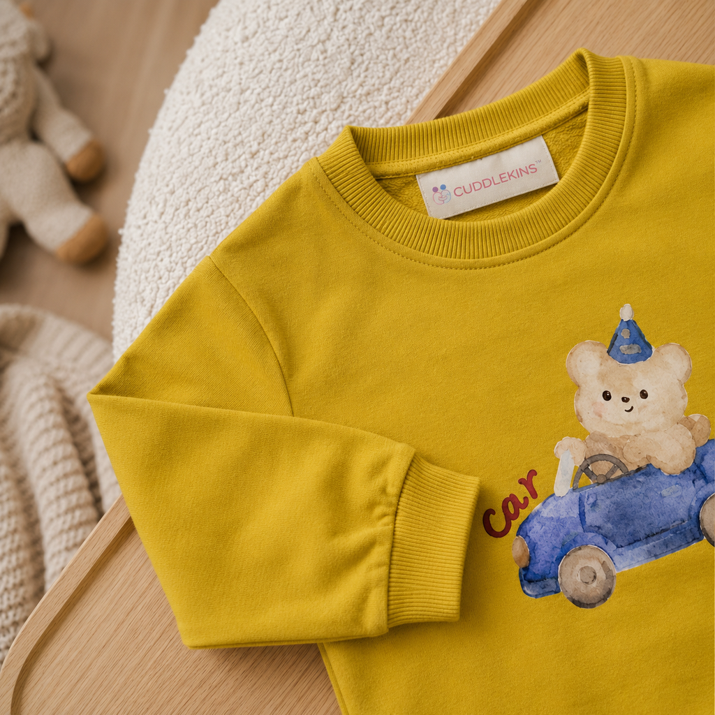 Cute Bear Car Print boys Kids pre Winter Sweatshirt– mustard