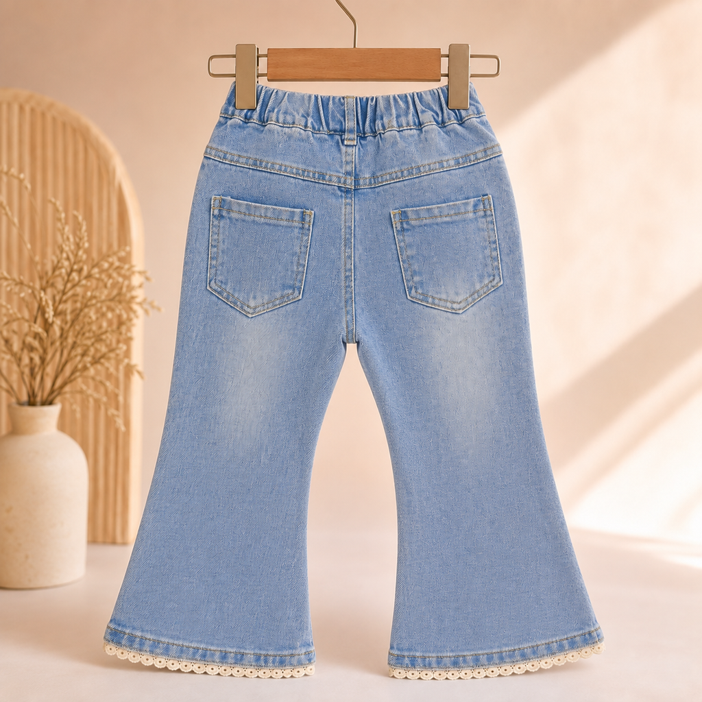 Girls Light Wash Denim Flared Jeans with Bow & Lace Hem