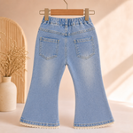 Girls Light Wash Denim Flared Jeans with Bow & Lace Hem