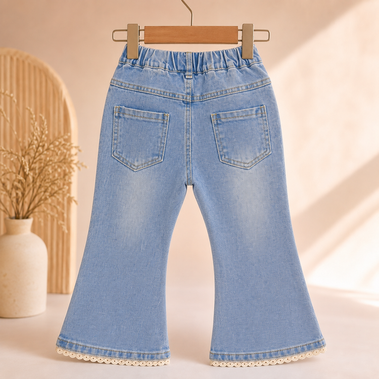 Girls Light Wash Denim Flared Jeans with Bow & Lace Hem