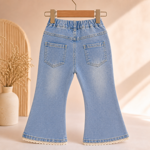 Girls Light Wash Denim Flared Jeans with Bow & Lace Hem