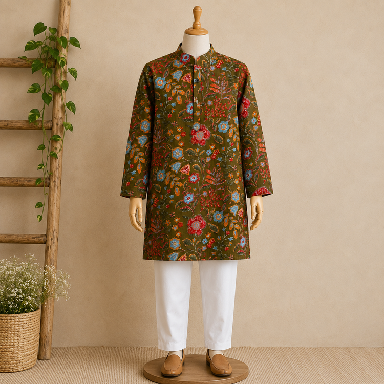 Boys Olive Green Floral Kurta Set with White Pants