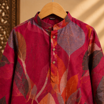 Boys Festive Leaf Print Kurta & White Pyjama Set