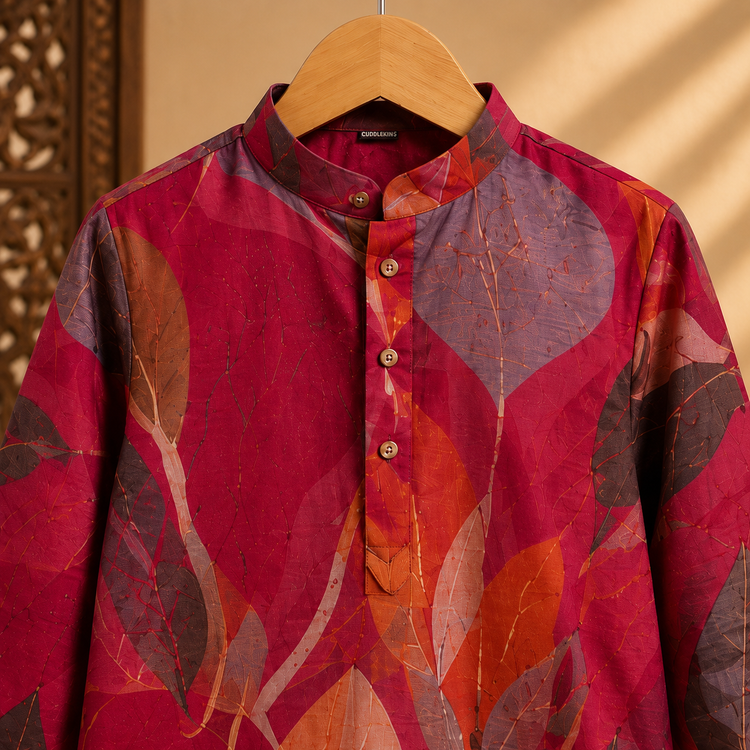 Boys Festive Leaf Print Kurta & White Pyjama Set