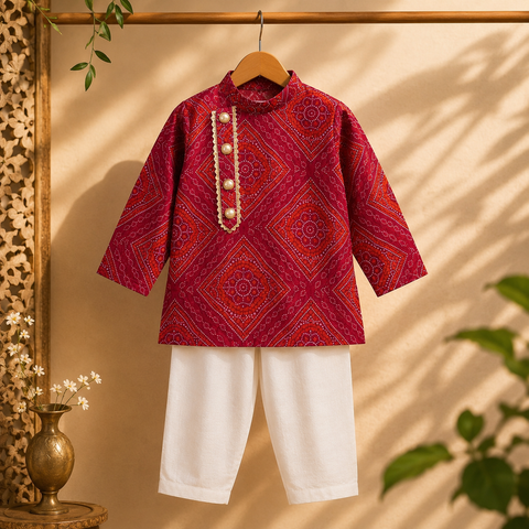 Boys Maroon Bandhani Print Kurta & White Pyjama Set