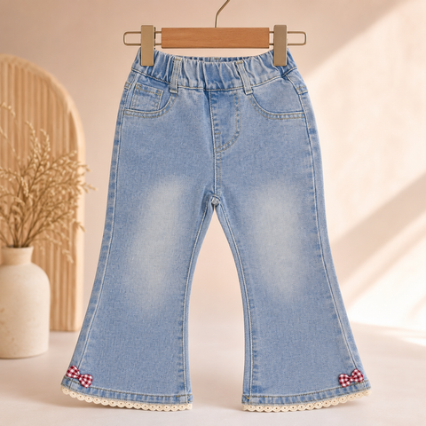 Girls Light Wash Denim Flared Jeans with Bow & Lace Hem